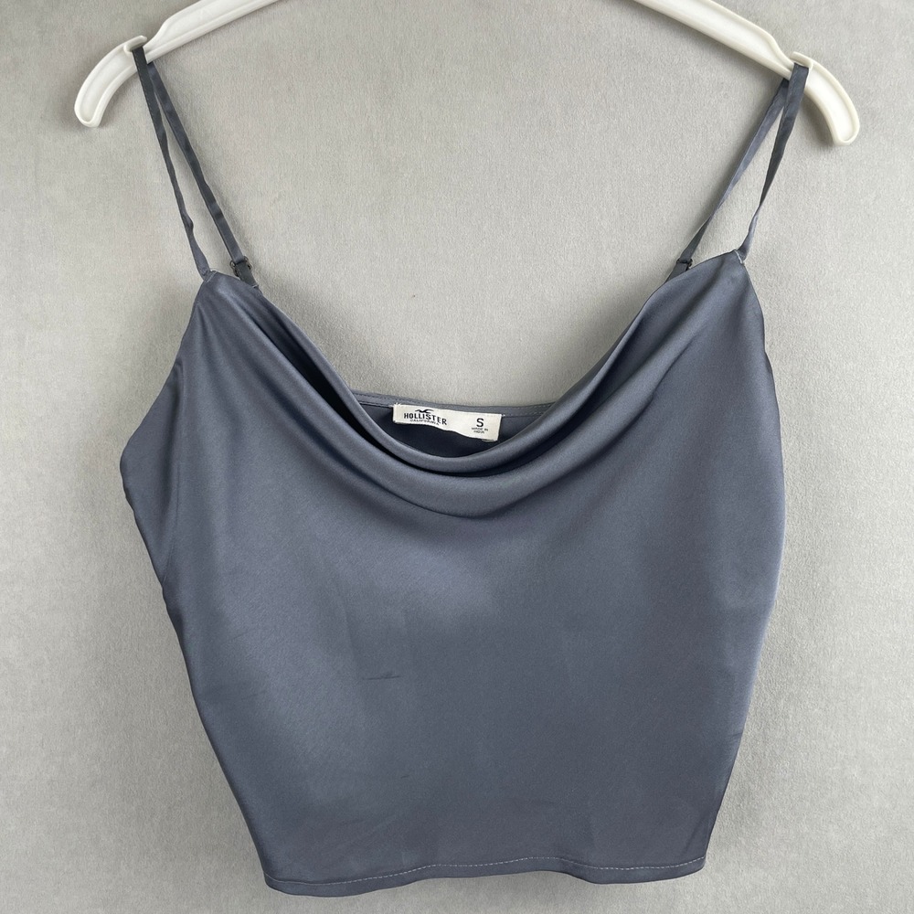 Hollister Satin Cowl Neck Cami Top Slate Blue Grey Adjustable Straps S Y2K New